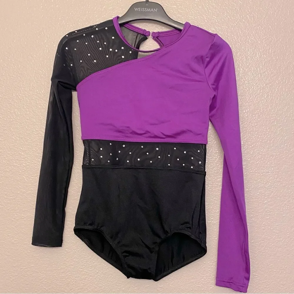 WEISSMAN Dance Costume purple mesh rhinestone leotard Don't Call Me Up 14146 MC
